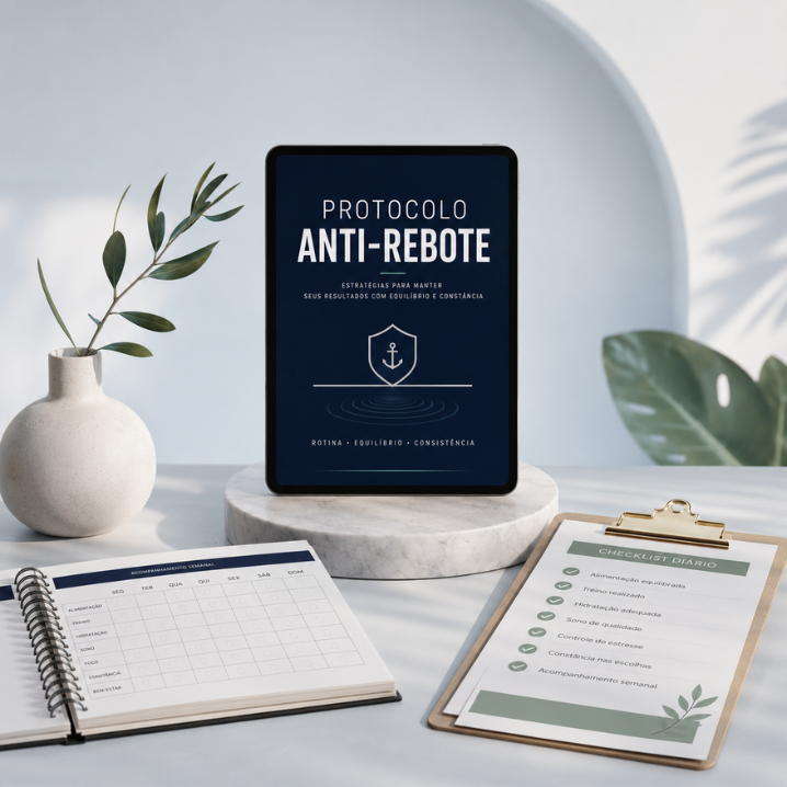mockup do ebook e planner do Protocolo Anti-Rebote em composição clean, sem pessoas, sem texto